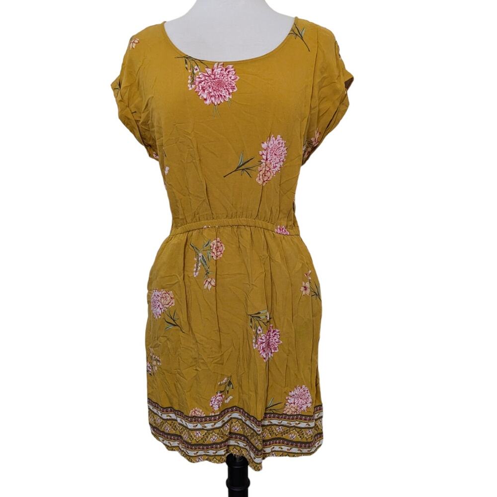 Pink Rose Mustard Yellow Floral Dress With Pockets Size Large